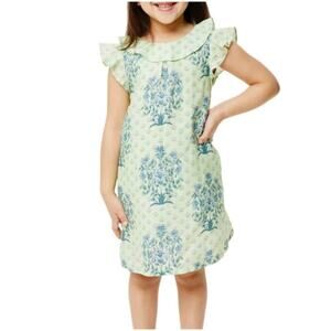 Roller Rabbit Yarrow Brenna Green Blue Floral Print Girls lined Linen Dress 6